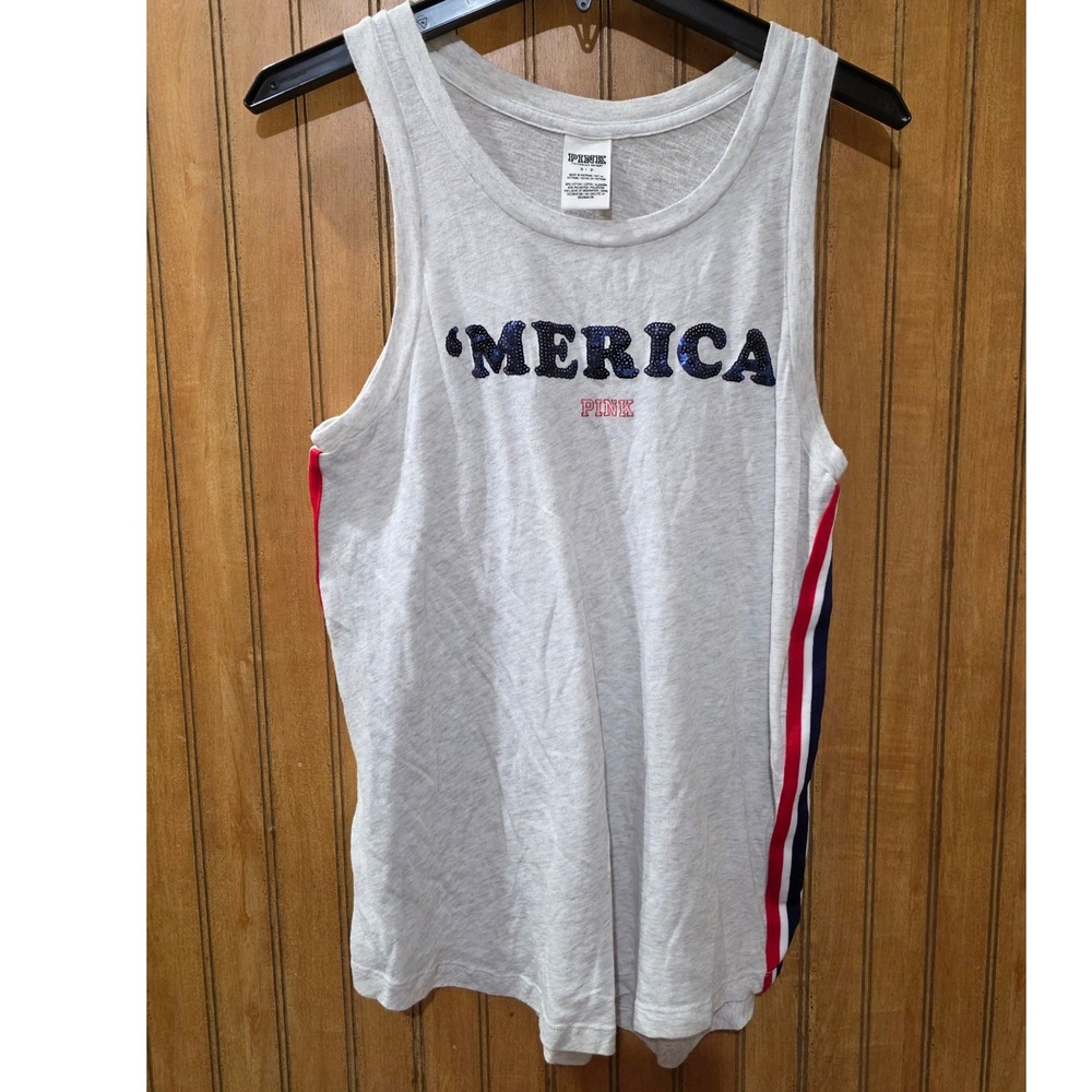PINK Victoria's Secret 'Merica Tank Top‎ Patriotic Sleeveless Heather Gray Small